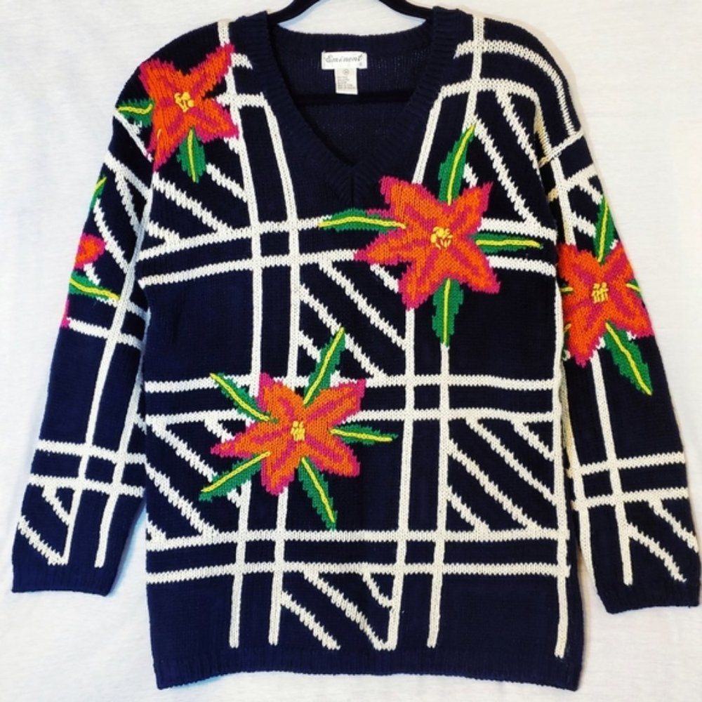 Vintage Eminent V-Neck Floral Windowpane Sweater M